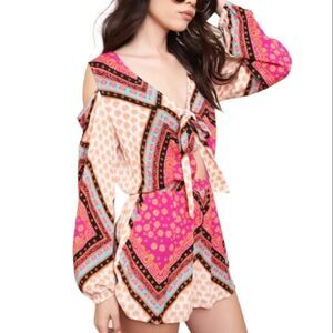 MINKPINK Romper Shorts Crops‎ Aztec Tribal BOHO Pink Cut Out Long Sleeve S